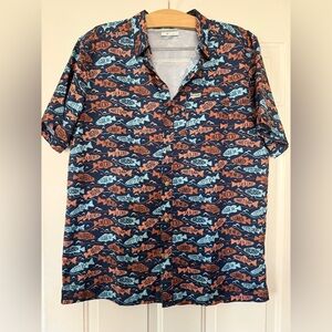COLUMBIA PFG Men’s S/Sleeve Collar back Vented Fish Print Blue Shirt Size M -EUC